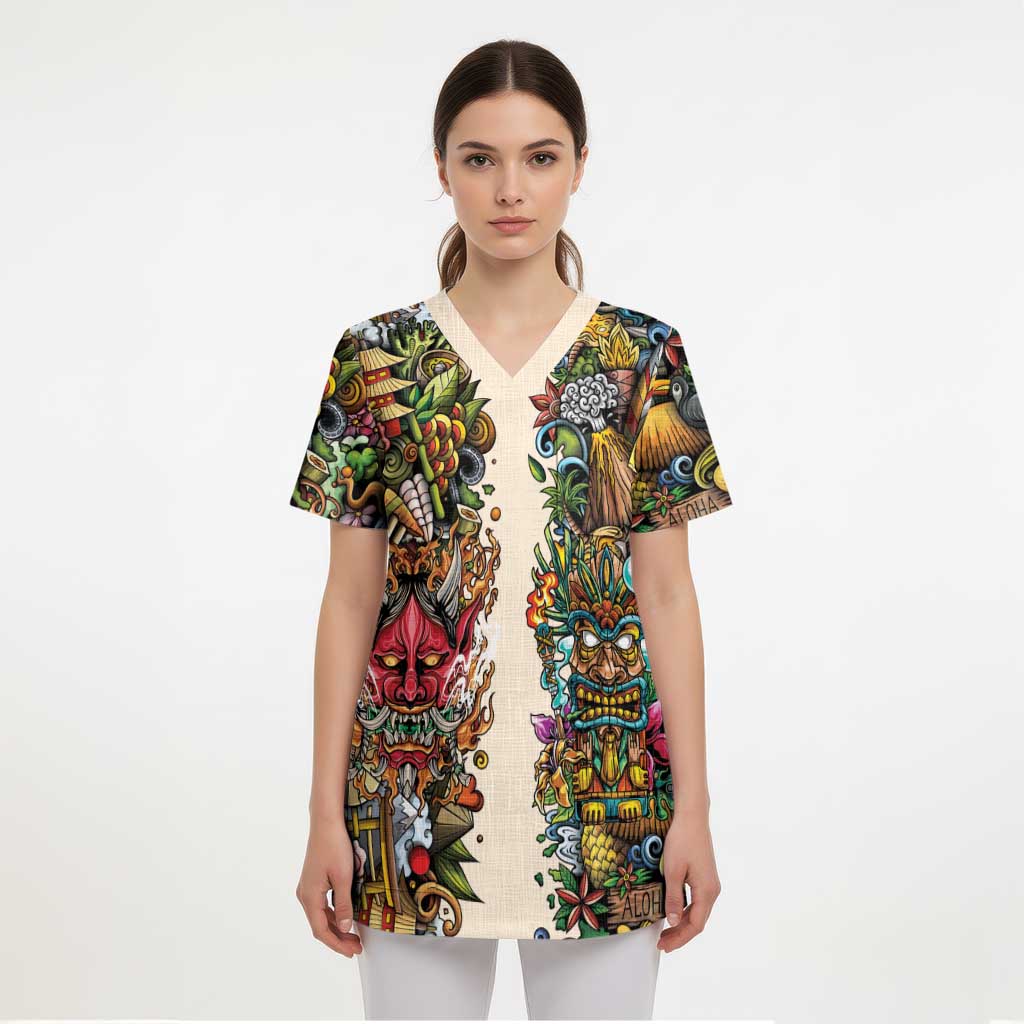 Hawaii And Japan Scrub Top Tiki With Oni Mask LT05 - Polynesian Pride