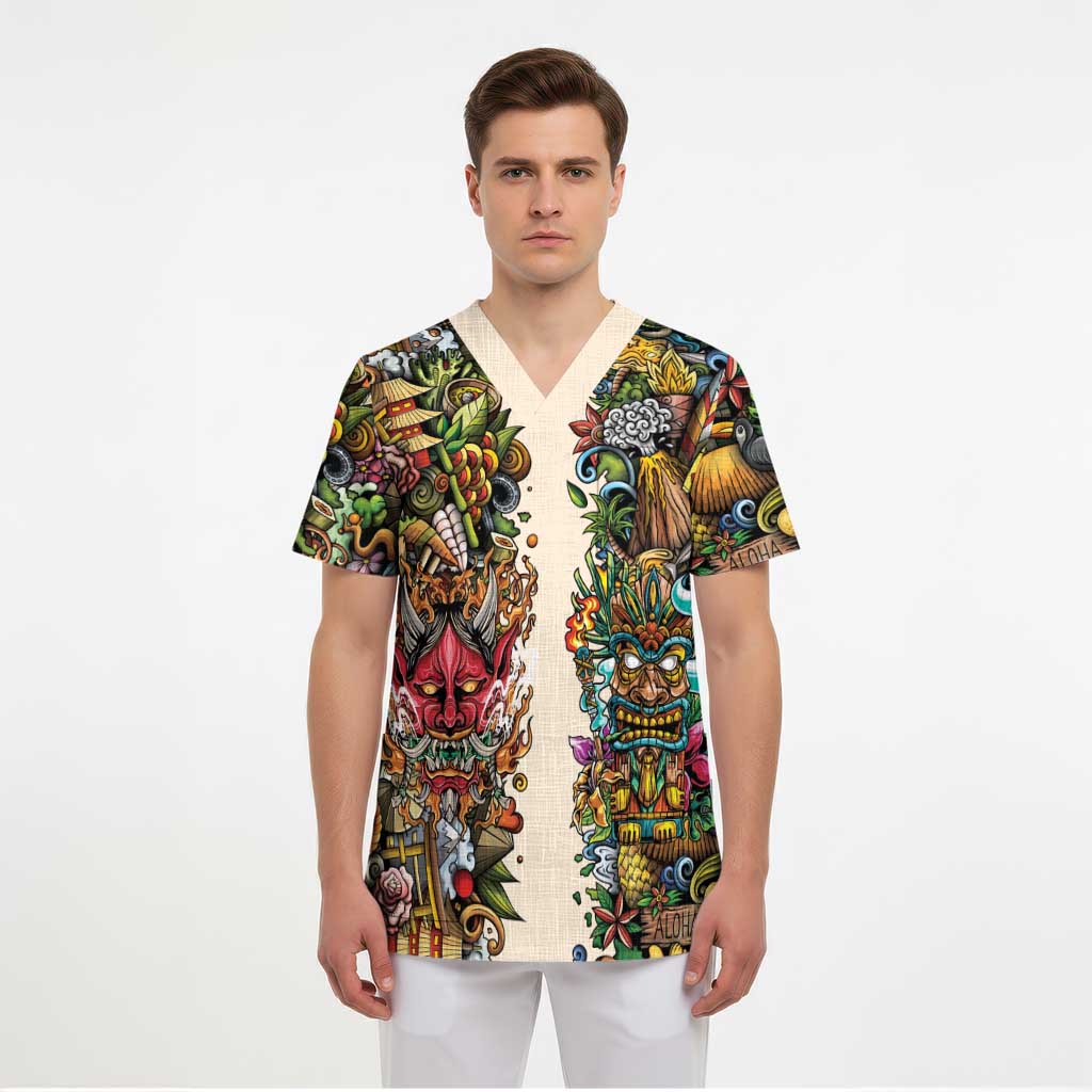 Hawaii And Japan Scrub Top Tiki With Oni Mask LT05 - Polynesian Pride