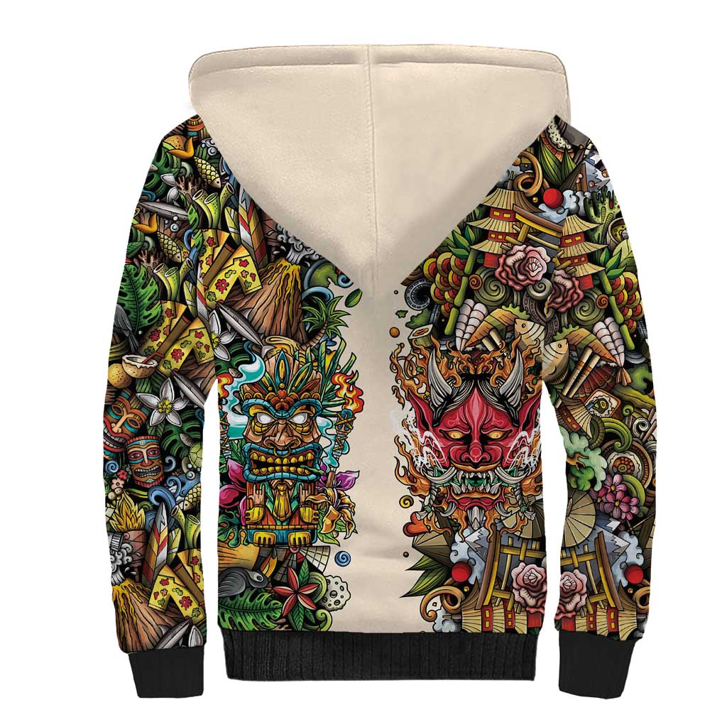 Hawaii And Japan Sherpa Hoodie Tiki With Oni Mask - Polynesian Pride