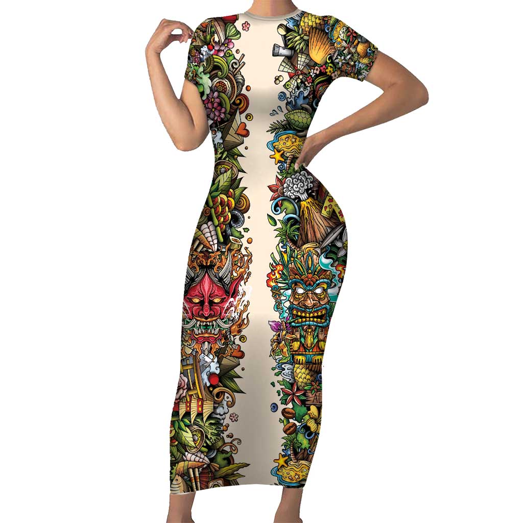 Hawaii And Japan Short Sleeve Bodycon Dress Tiki With Oni Mask - Polynesian Pride