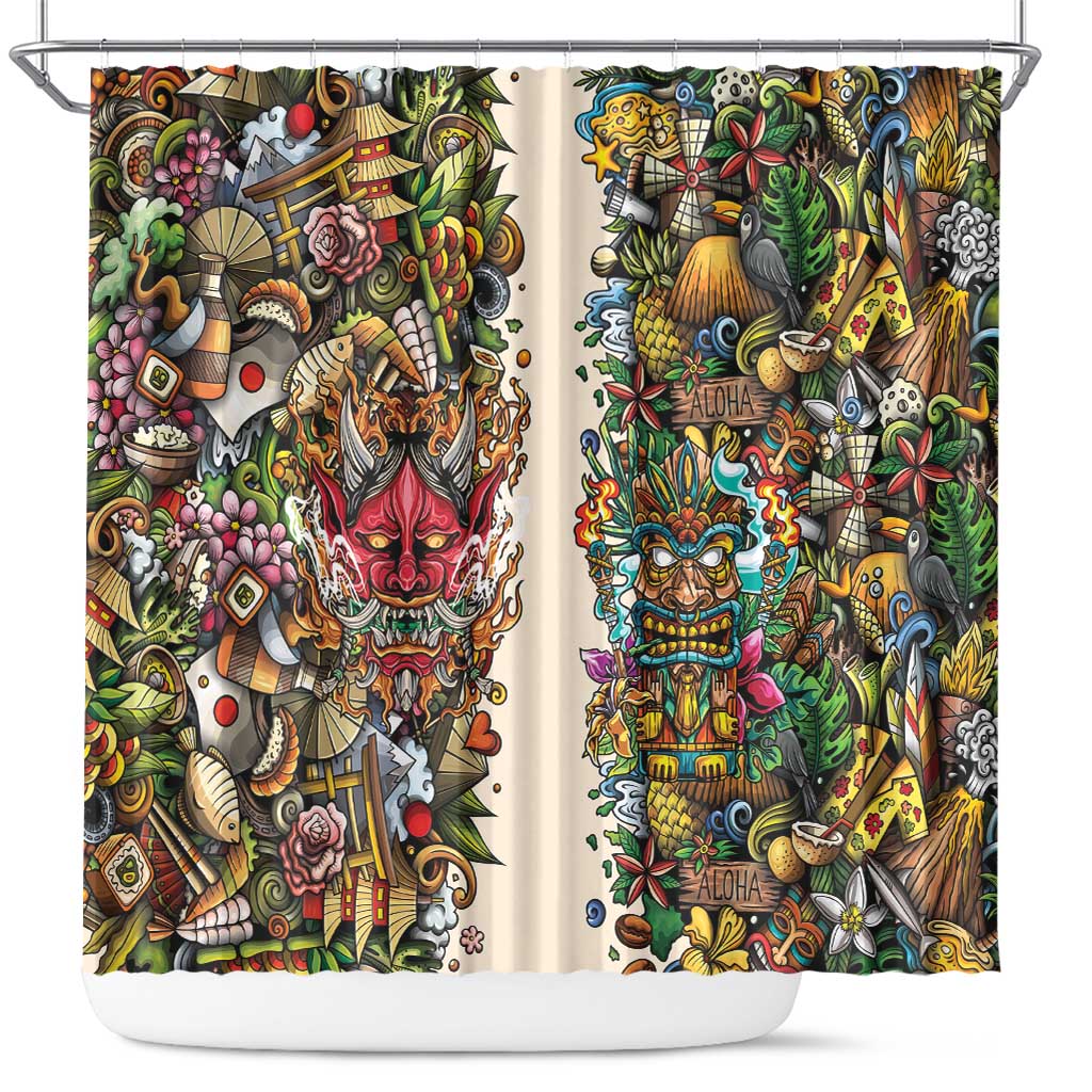 Hawaii And Japan Shower Curtain Tiki With Oni Mask - Polynesian Pride