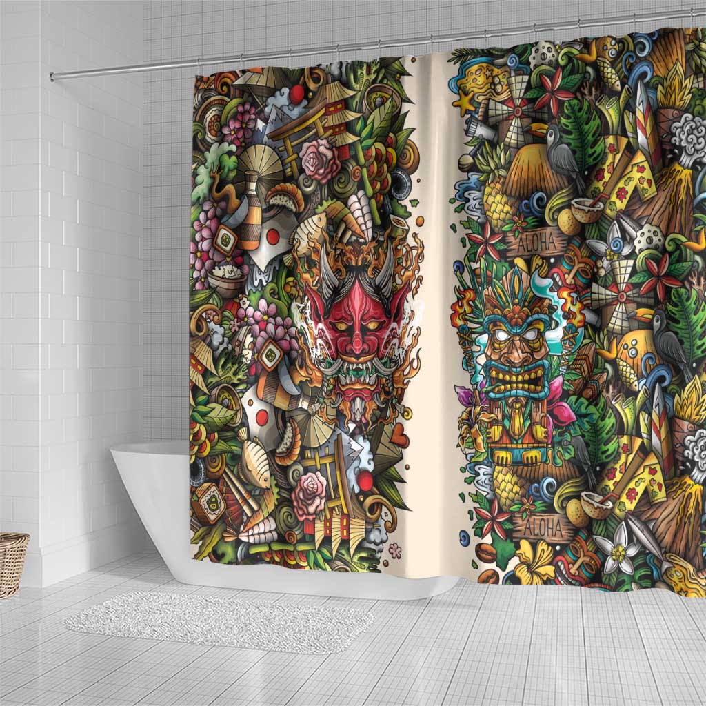 Hawaii And Japan Shower Curtain Tiki With Oni Mask - Polynesian Pride