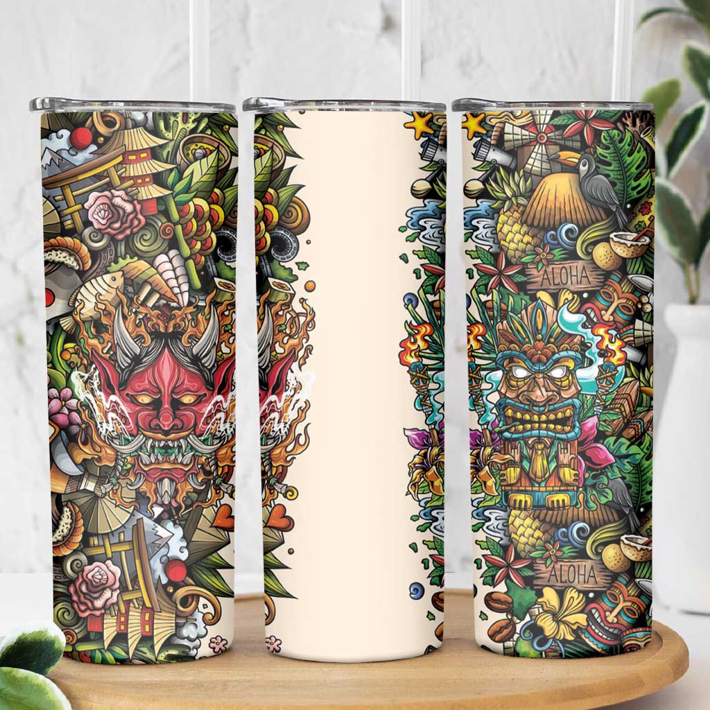 Hawaii And Japan Skinny Tumbler Tiki With Oni Mask - Polynesian Pride