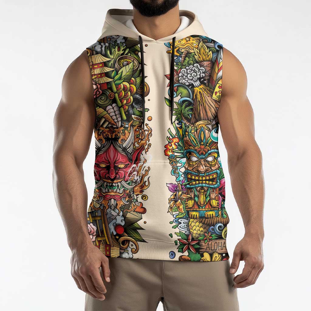 Hawaii And Japan Sleeveless Hoodie Tiki With Oni Mask LT05 - Polynesian Pride