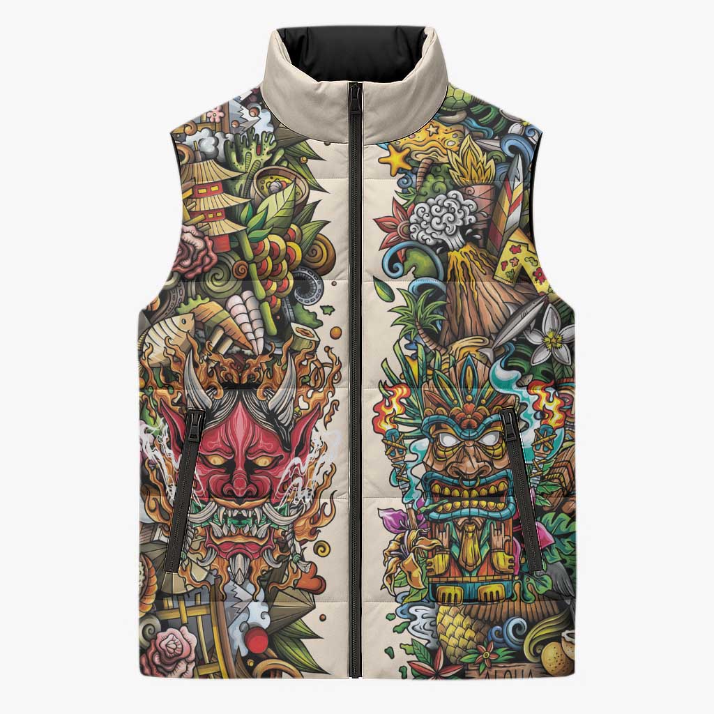Hawaii And Japan Sleeveless Puffer Jacket Tiki With Oni Mask LT05 Unisex Colorful - Polynesian Pride