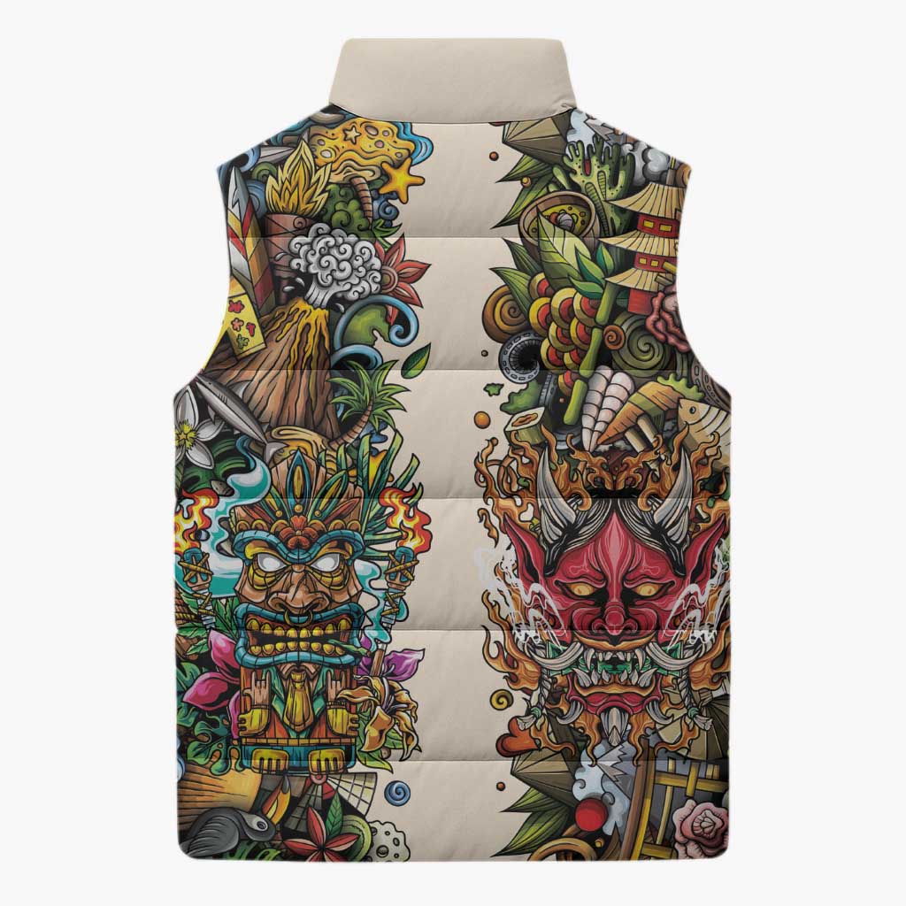 Hawaii And Japan Sleeveless Puffer Jacket Tiki With Oni Mask LT05 - Polynesian Pride