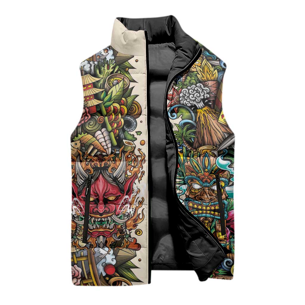 Hawaii And Japan Sleeveless Puffer Jacket Tiki With Oni Mask LT05 - Polynesian Pride