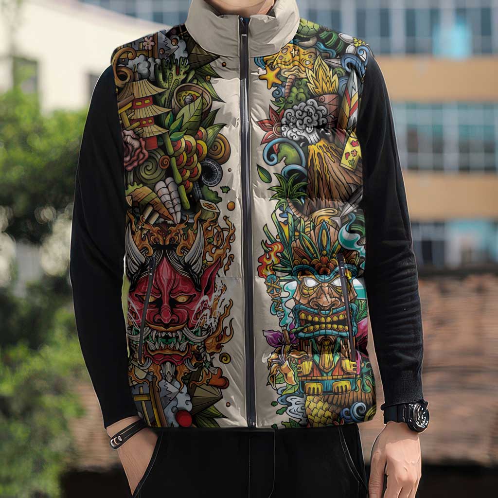 Hawaii And Japan Sleeveless Puffer Jacket Tiki With Oni Mask LT05 - Polynesian Pride