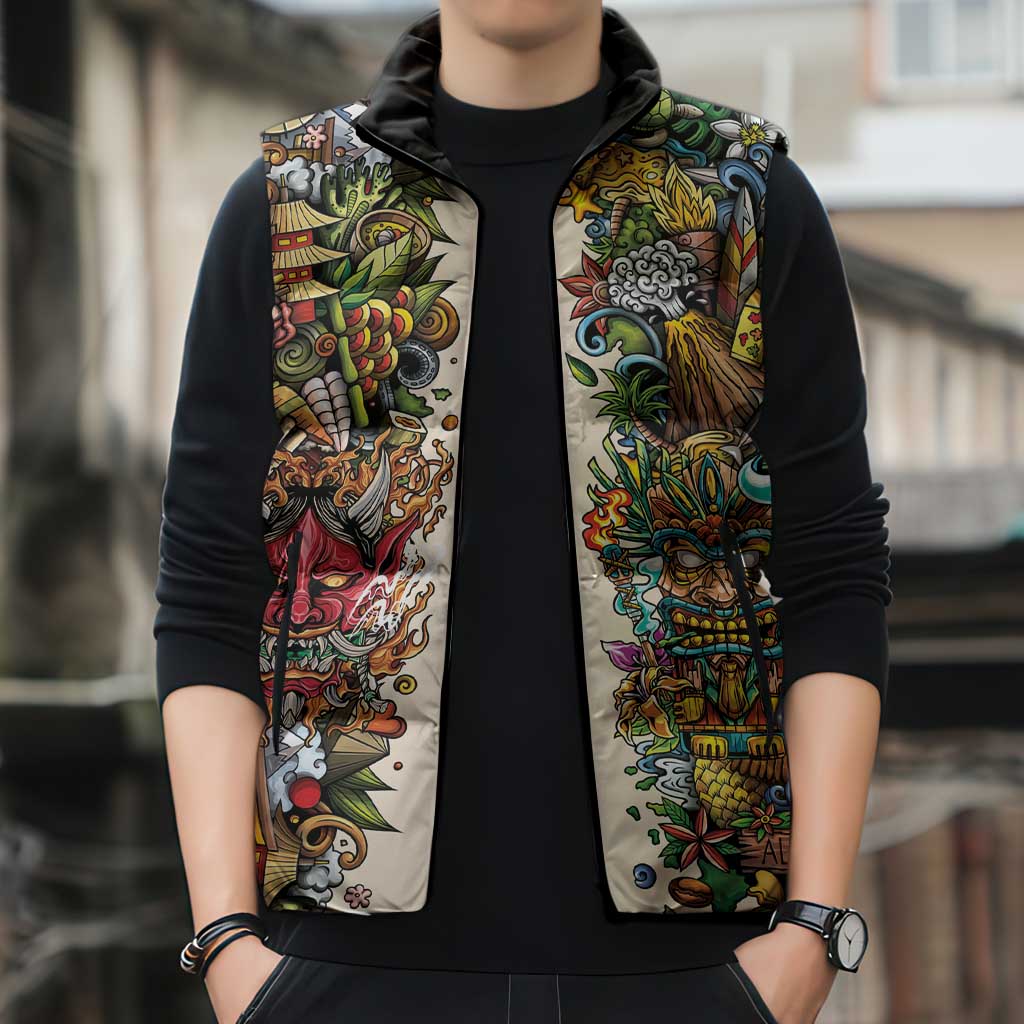 Hawaii And Japan Sleeveless Puffer Jacket Tiki With Oni Mask LT05 - Polynesian Pride