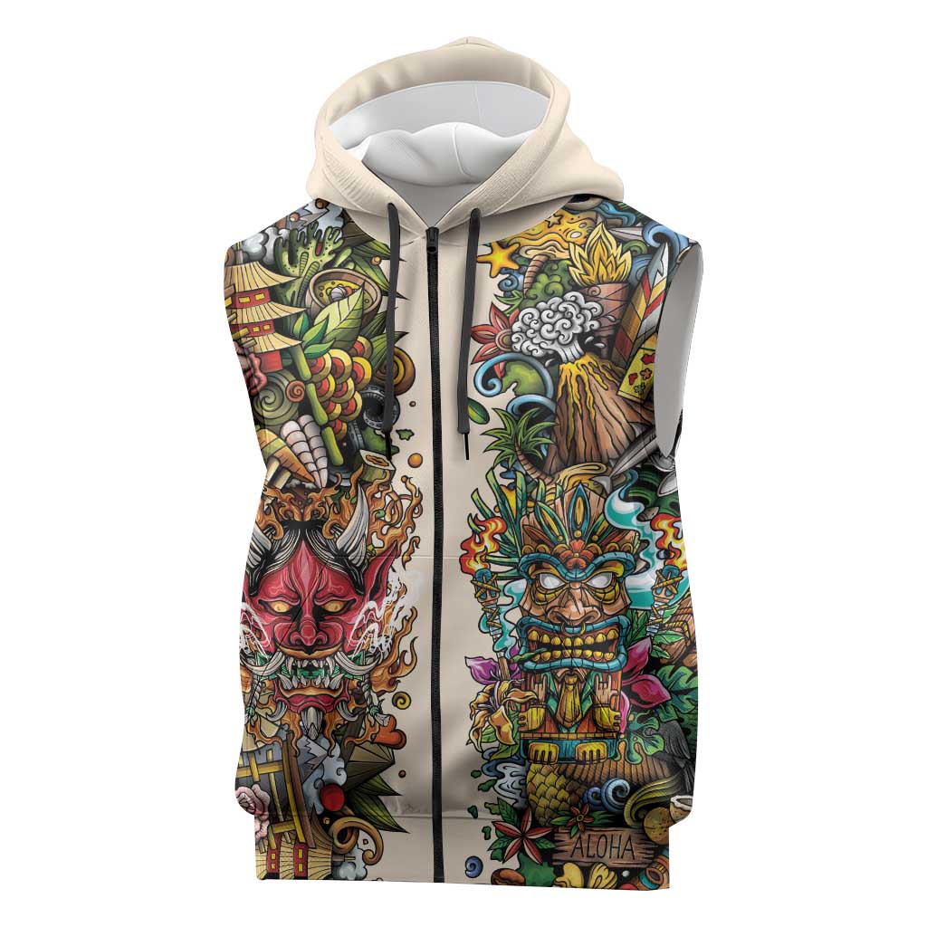 Hawaii And Japan Sleeveless Zip Hoodie Tiki With Oni Mask LT05 Colorful - Polynesian Pride