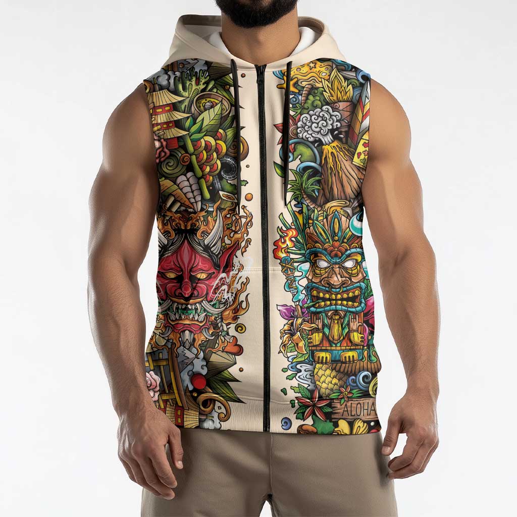 Hawaii And Japan Sleeveless Zip Hoodie Tiki With Oni Mask LT05 - Polynesian Pride