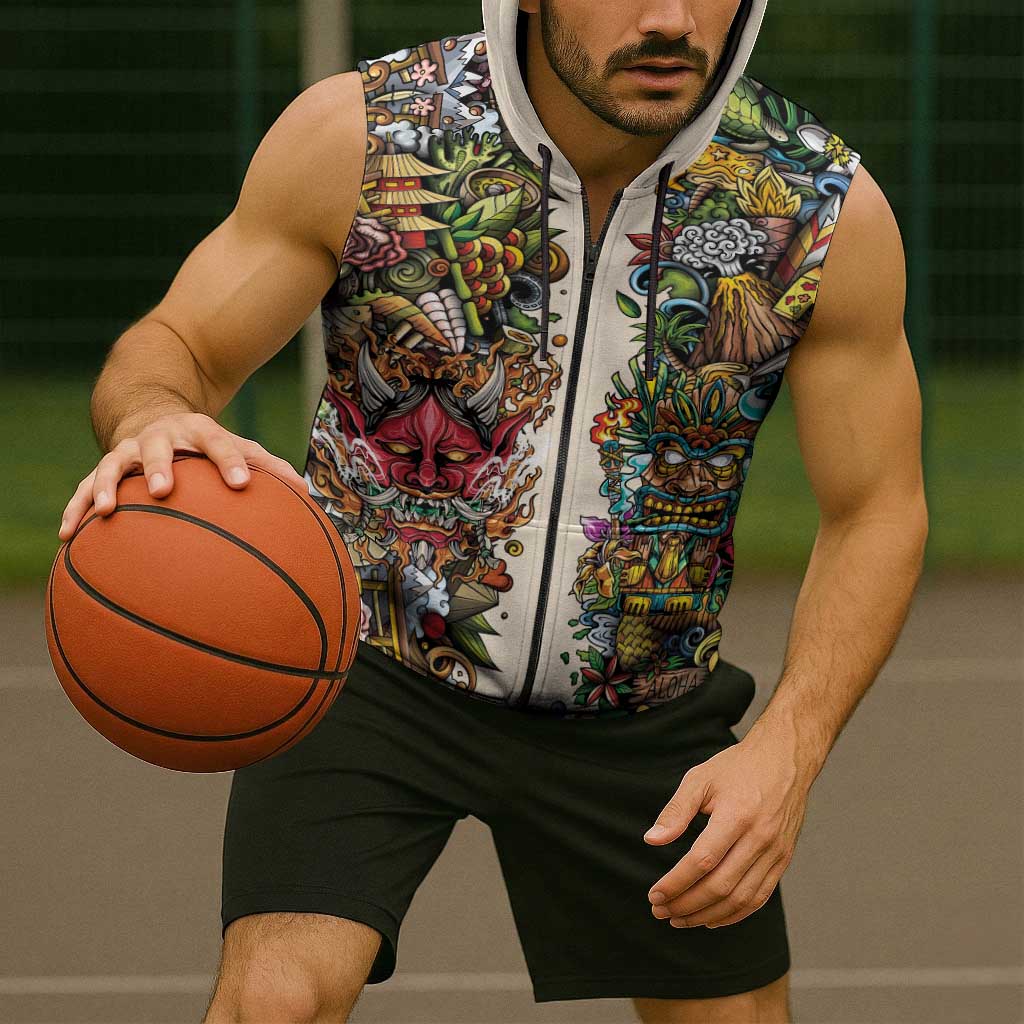 Hawaii And Japan Sleeveless Zip Hoodie Tiki With Oni Mask LT05 - Polynesian Pride