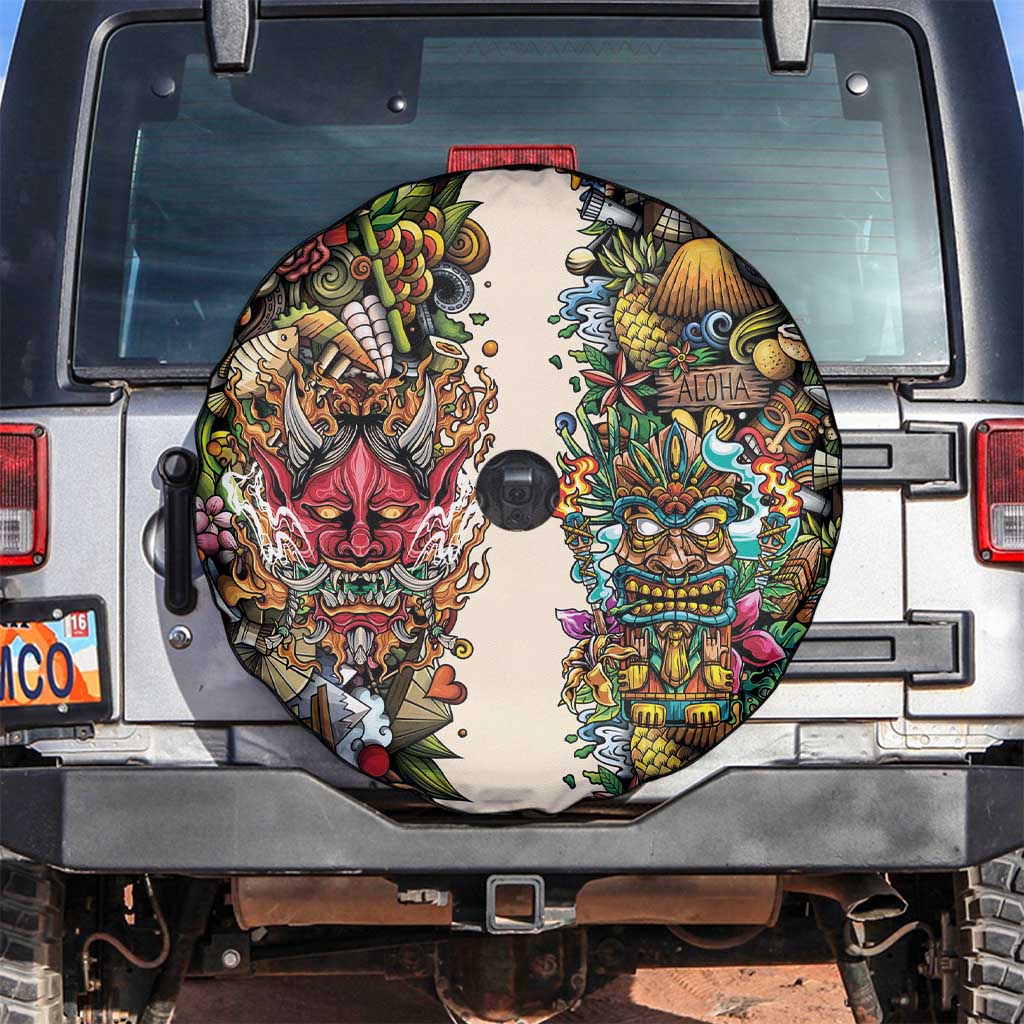 Hawaii And Japan Spare Tire Cover Tiki With Oni Mask - Polynesian Pride