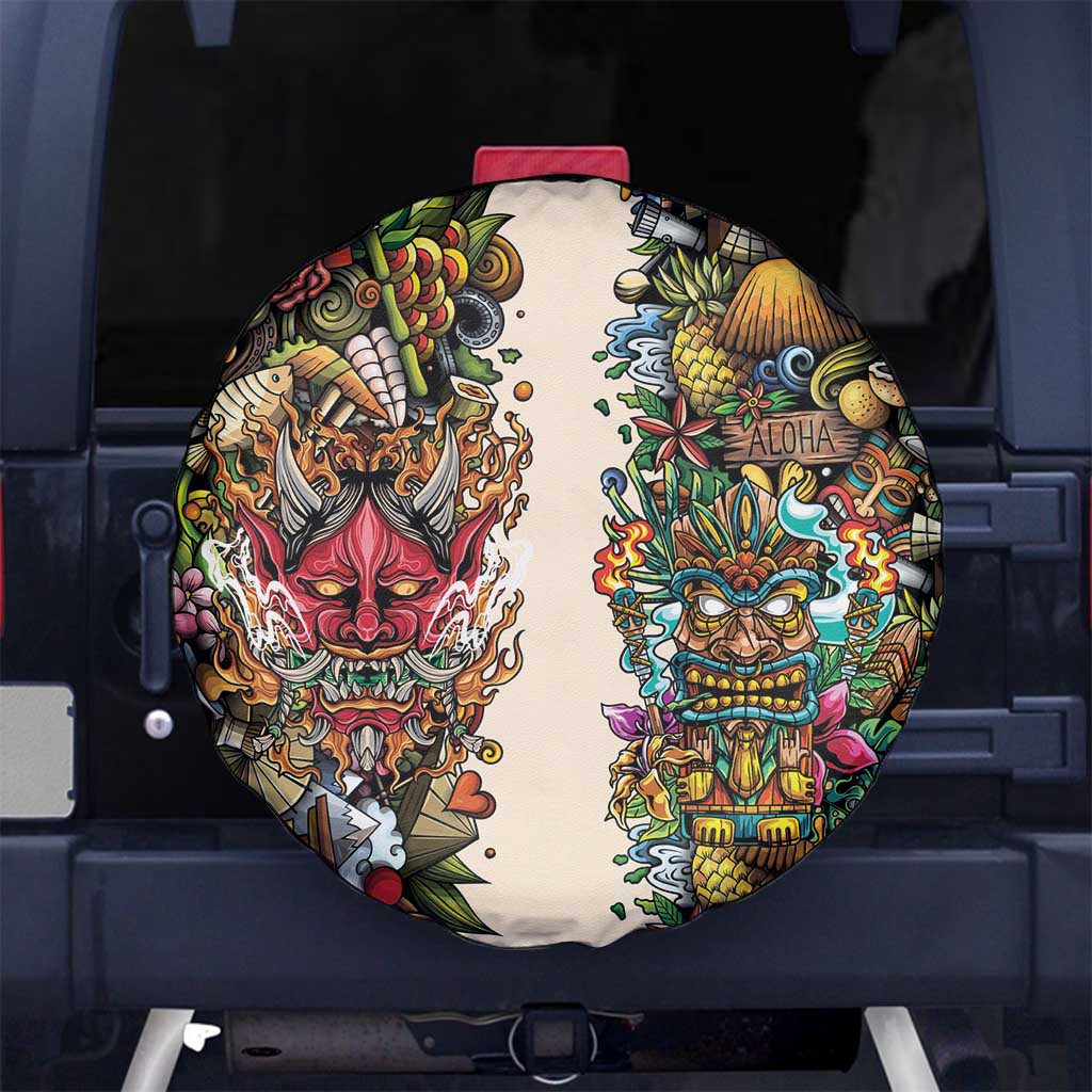 Hawaii And Japan Spare Tire Cover Tiki With Oni Mask - Polynesian Pride