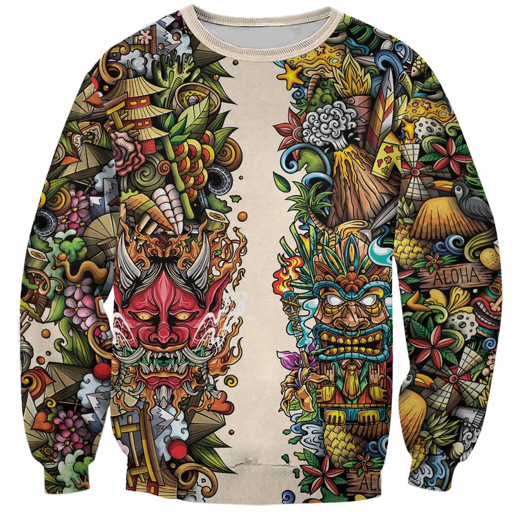 Hawaii And Japan Sweatshirt Tiki With Oni Mask LT05 Unisex Colorful - Polynesian Pride