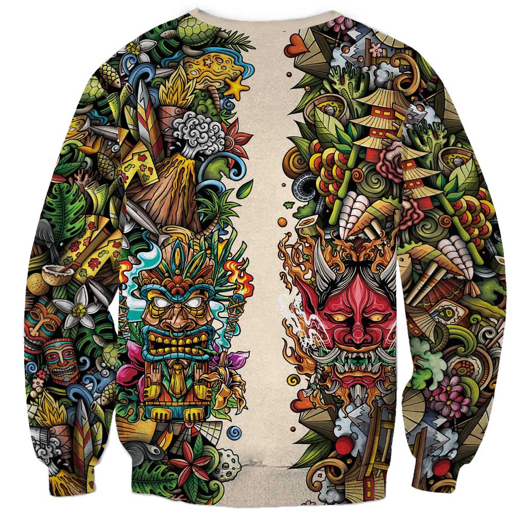 Hawaii And Japan Sweatshirt Tiki With Oni Mask LT05 - Polynesian Pride