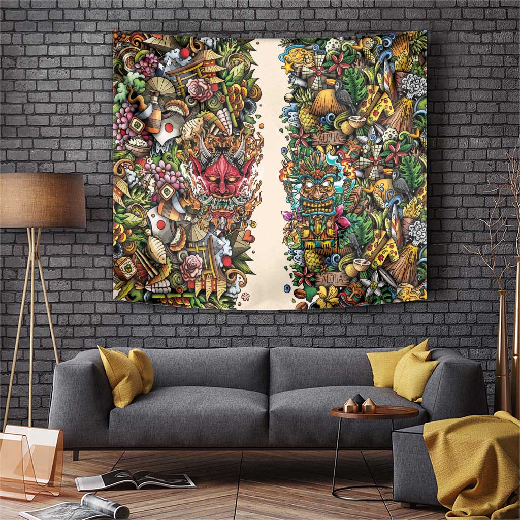 Hawaii And Japan Tapestry Tiki With Oni Mask - Polynesian Pride