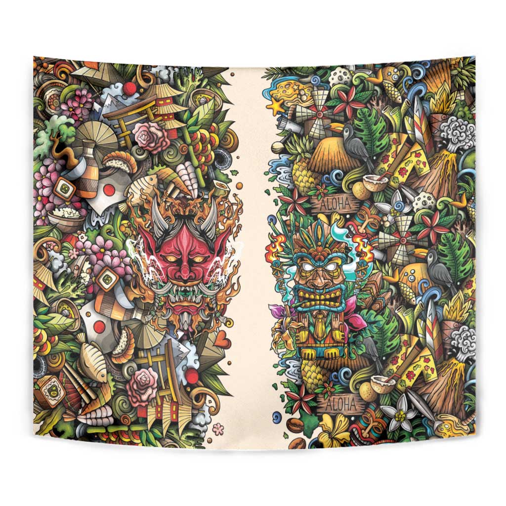 Hawaii And Japan Tapestry Tiki With Oni Mask - Polynesian Pride