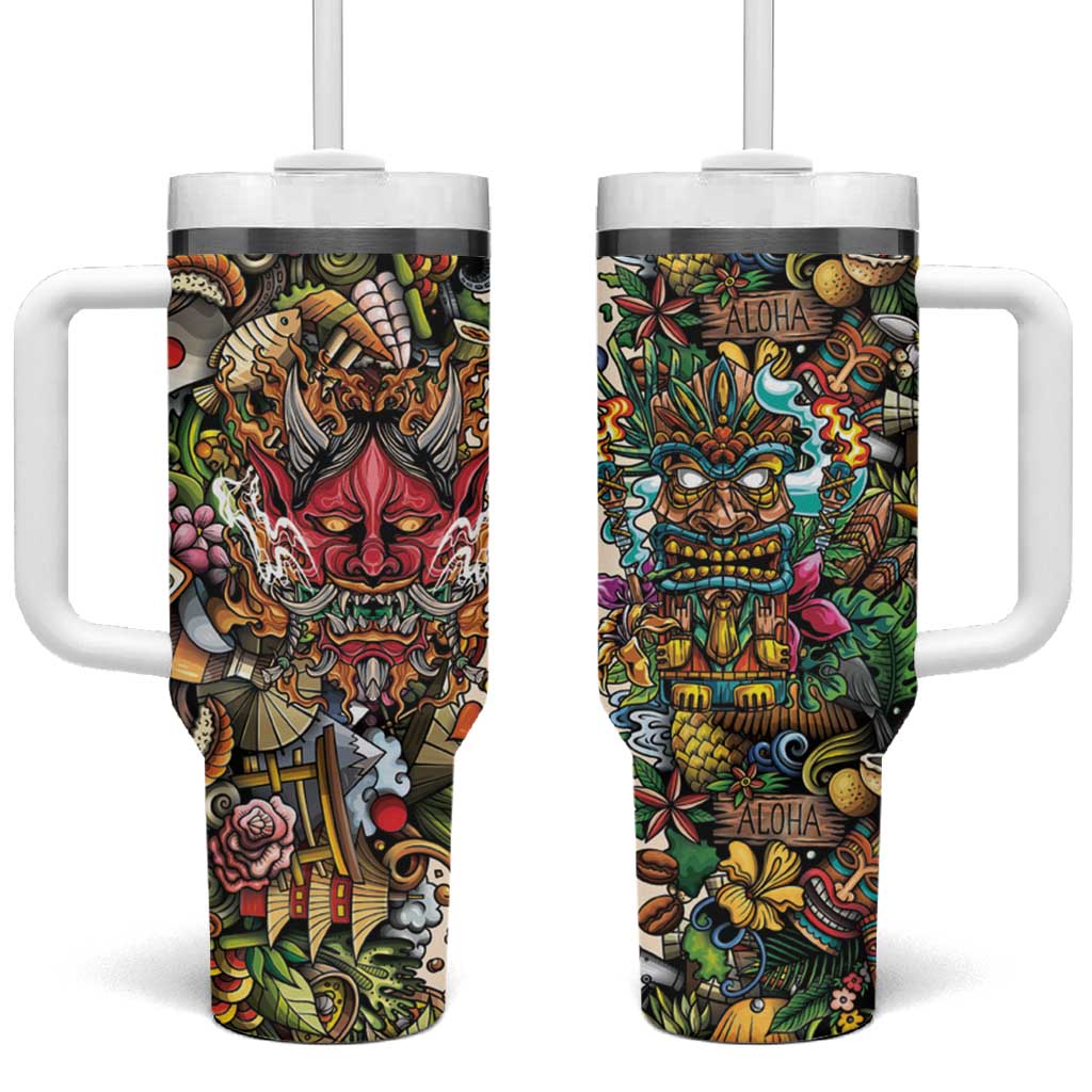 Hawaii And Japan Tumbler With Handle Tiki With Oni Mask - Polynesian Pride