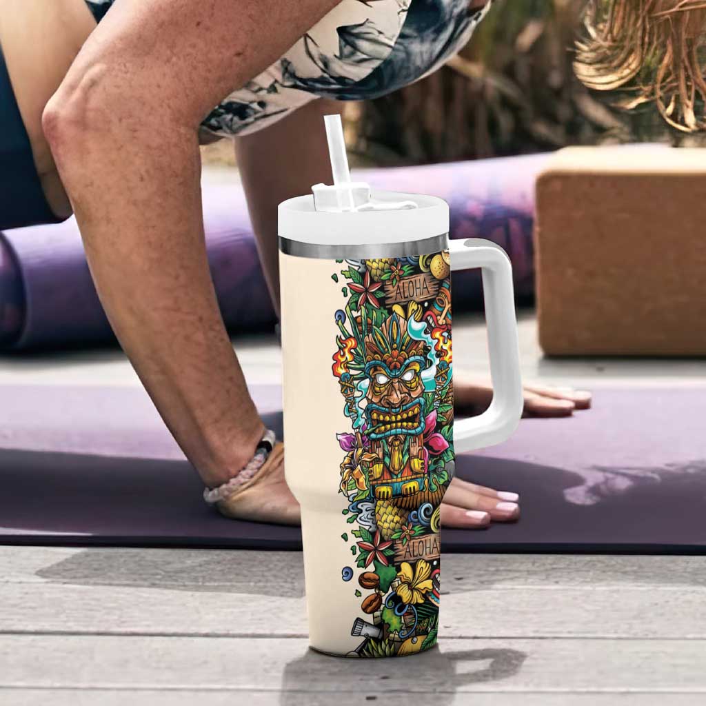 Hawaii And Japan Tumbler With Handle Tiki With Oni Mask - Polynesian Pride