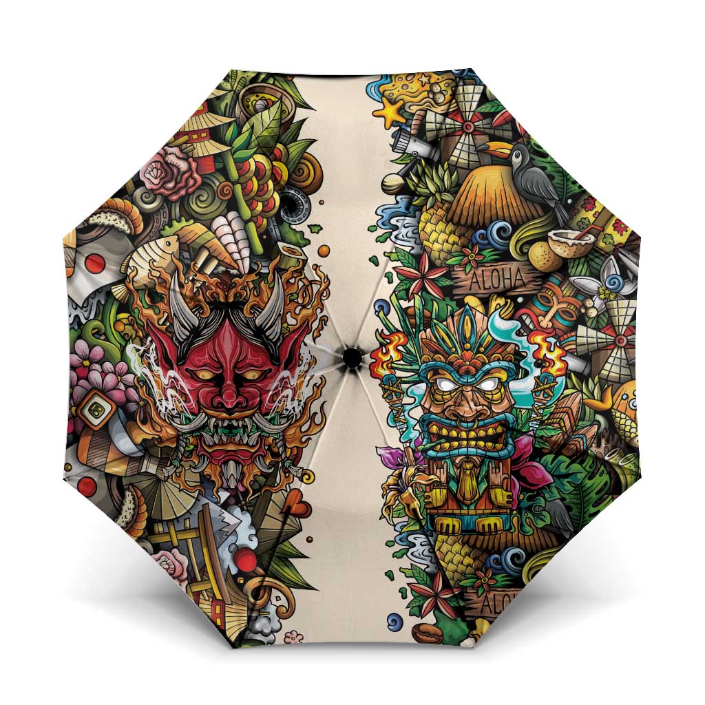 Hawaii And Japan Umbrella Tiki With Oni Mask LT05 One Size Folded 11.42 inch Opened Diameter 37.4 inch Colorful - Polynesian Pride