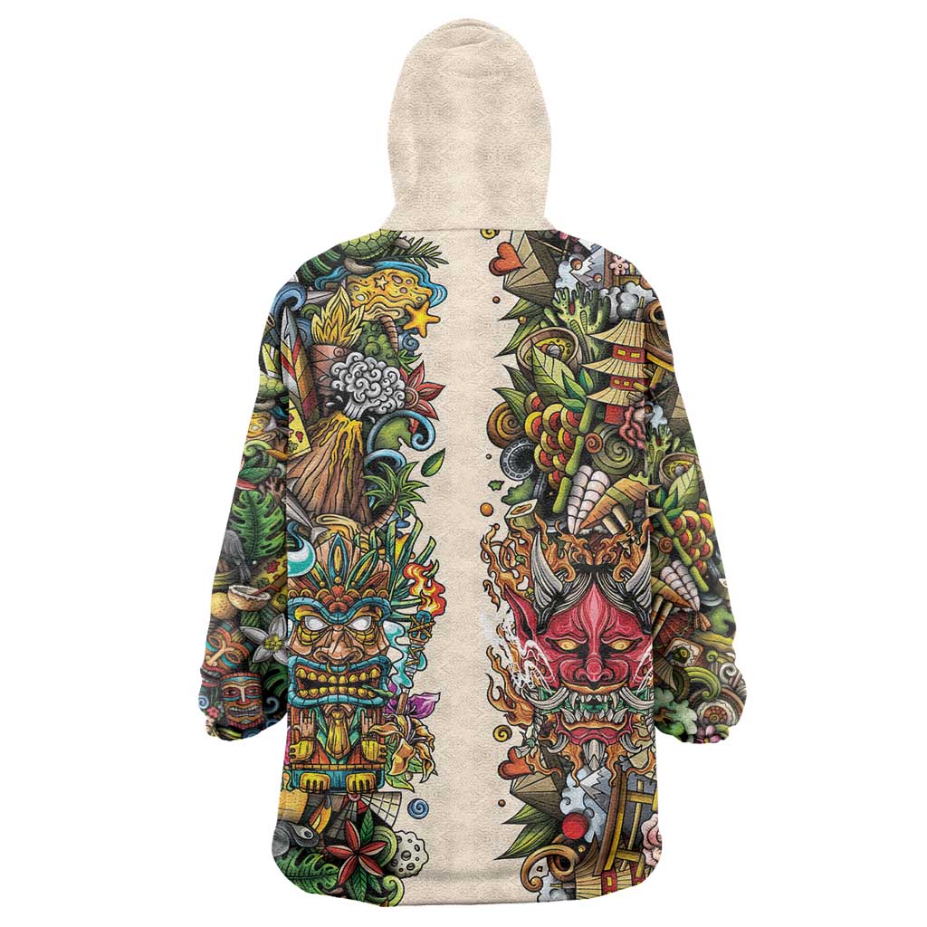 Hawaii And Japan Wearable Blanket Hoodie Tiki With Oni Mask LT05 - Polynesian Pride
