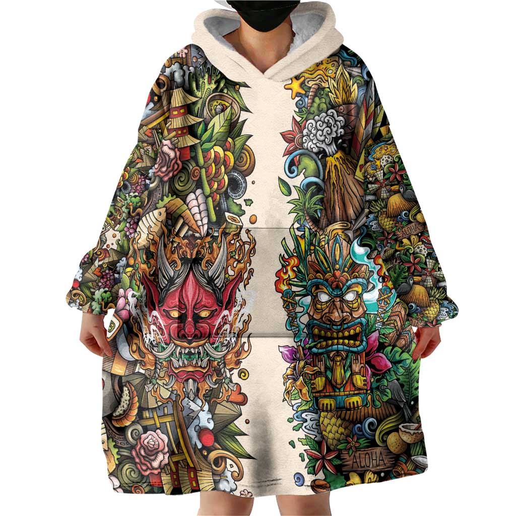Hawaii And Japan Wearable Blanket Hoodie Tiki With Oni Mask LT05 - Polynesian Pride