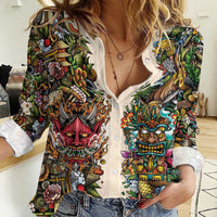 Hawaii And Japan Women Casual Shirt Tiki With Oni Mask - Polynesian Pride
