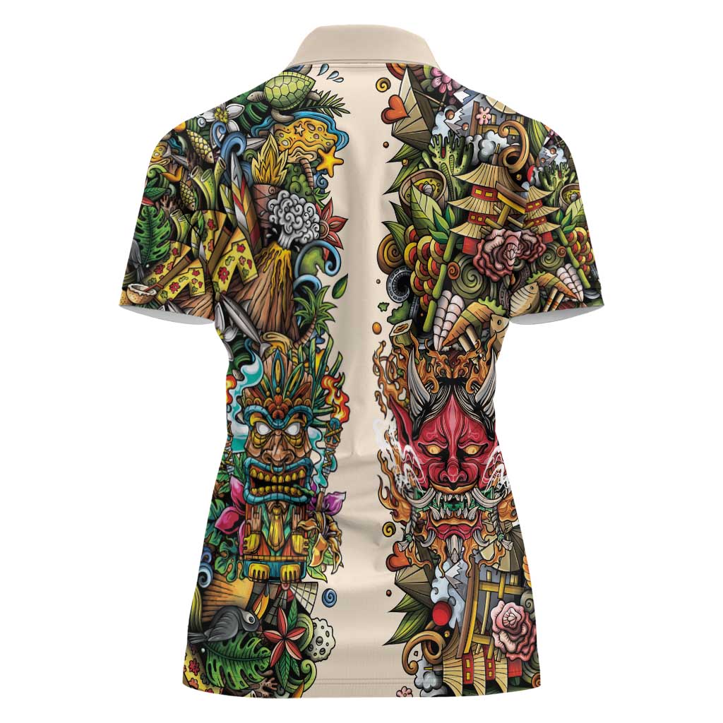 Hawaii And Japan Women Polo Shirt Tiki With Oni Mask - Polynesian Pride
