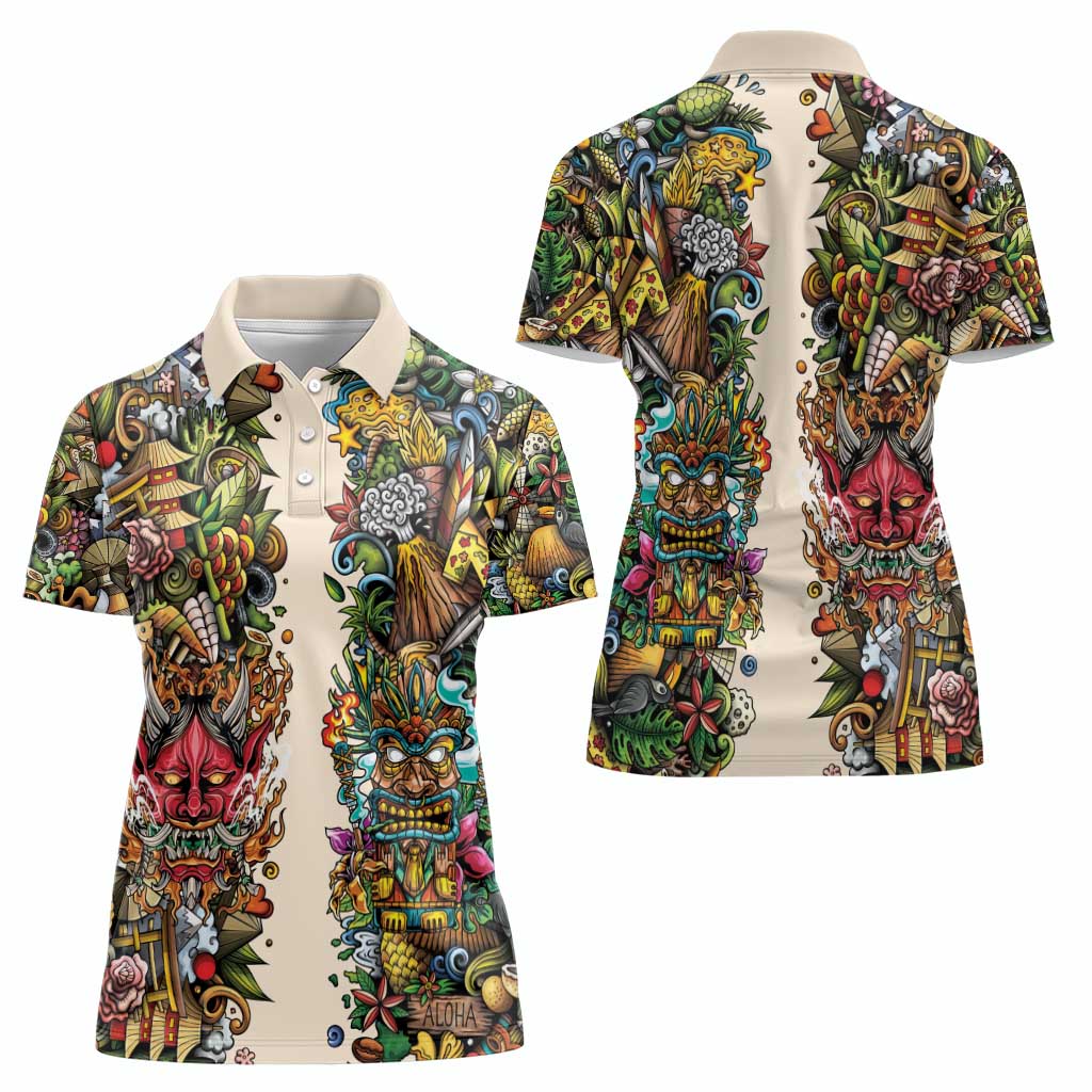 Hawaii And Japan Women Polo Shirt Tiki With Oni Mask - Polynesian Pride