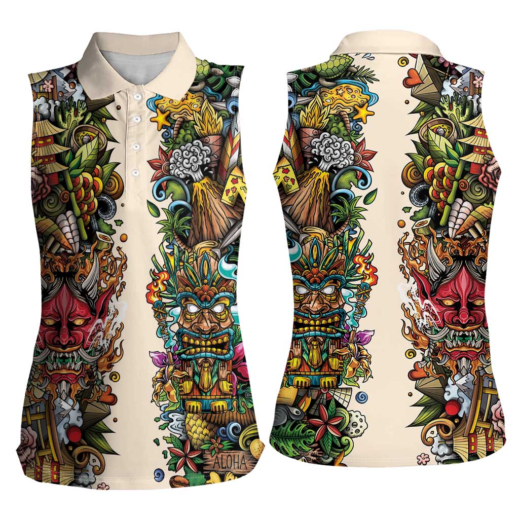 Hawaii And Japan Women Sleeveless Polo Shirt Tiki With Oni Mask LT05 - Polynesian Pride