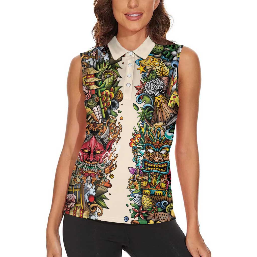 Hawaii And Japan Women Sleeveless Polo Shirt Tiki With Oni Mask LT05 - Polynesian Pride