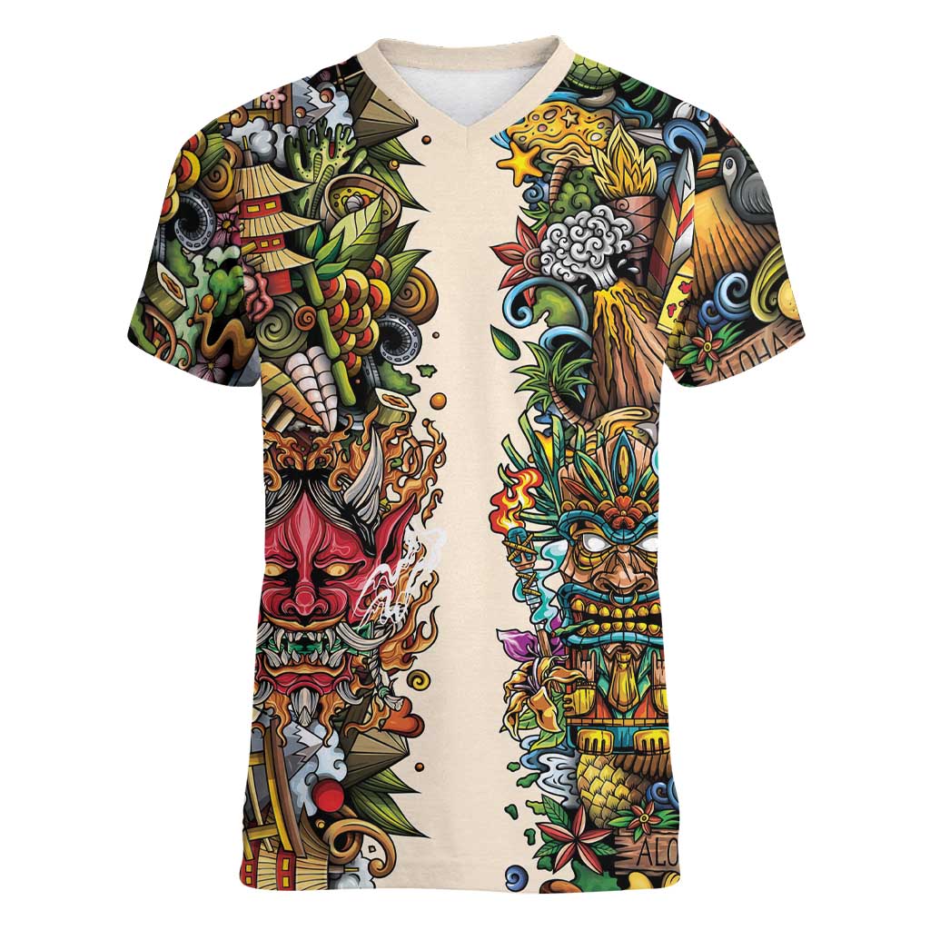 Hawaii And Japan Women V-Neck T-Shirt Tiki With Oni Mask LT05 Female Colorful - Polynesian Pride