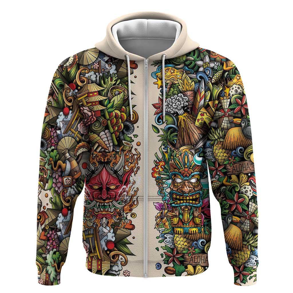 Hawaii And Japan Zip Hoodie Tiki With Oni Mask LT05 Zip Hoodie Colorful - Polynesian Pride