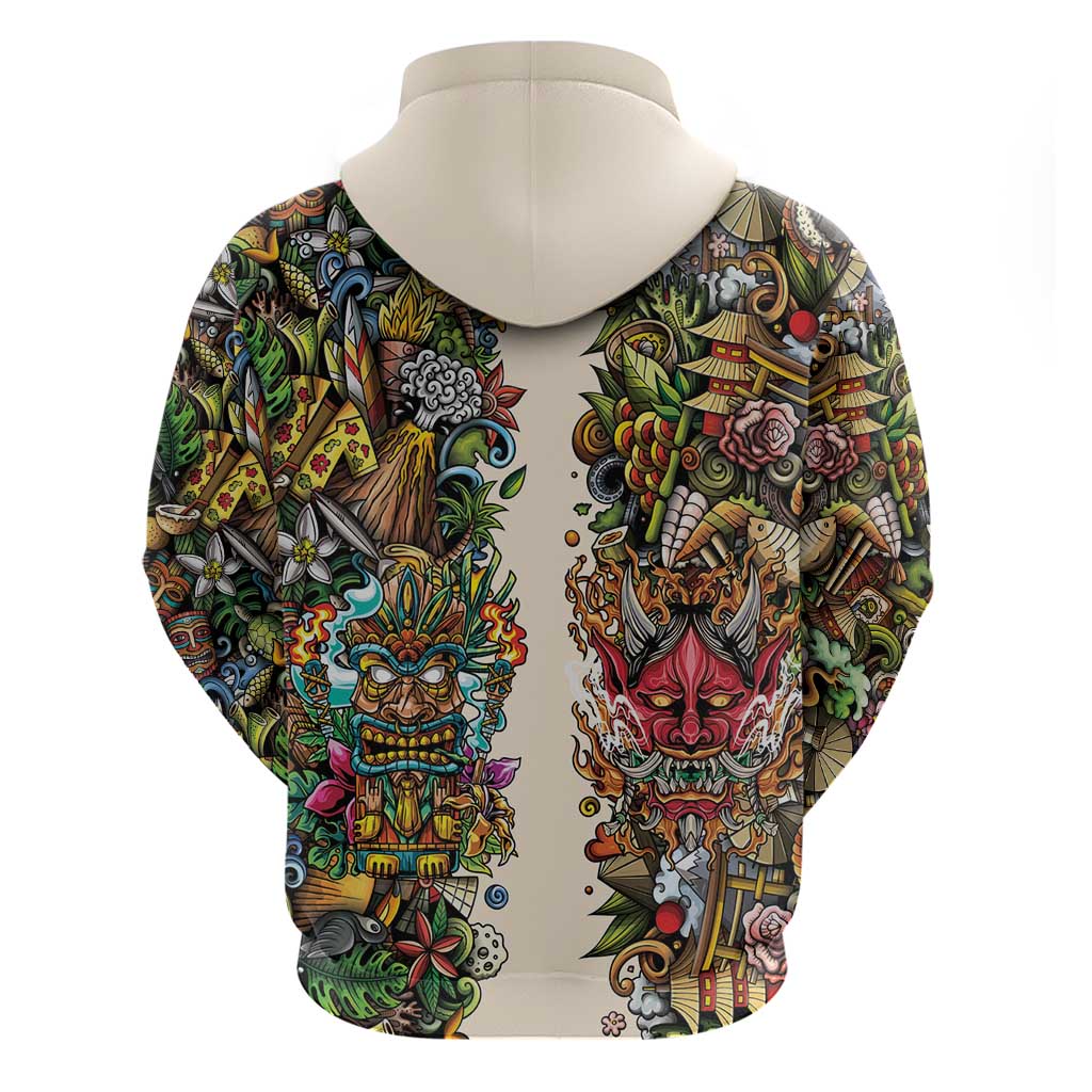 Hawaii And Japan Zip Hoodie Tiki With Oni Mask LT05 - Polynesian Pride
