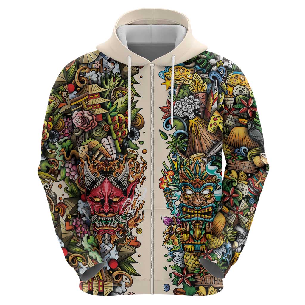 Hawaii And Japan Zip Hoodie Tiki With Oni Mask LT05 - Polynesian Pride