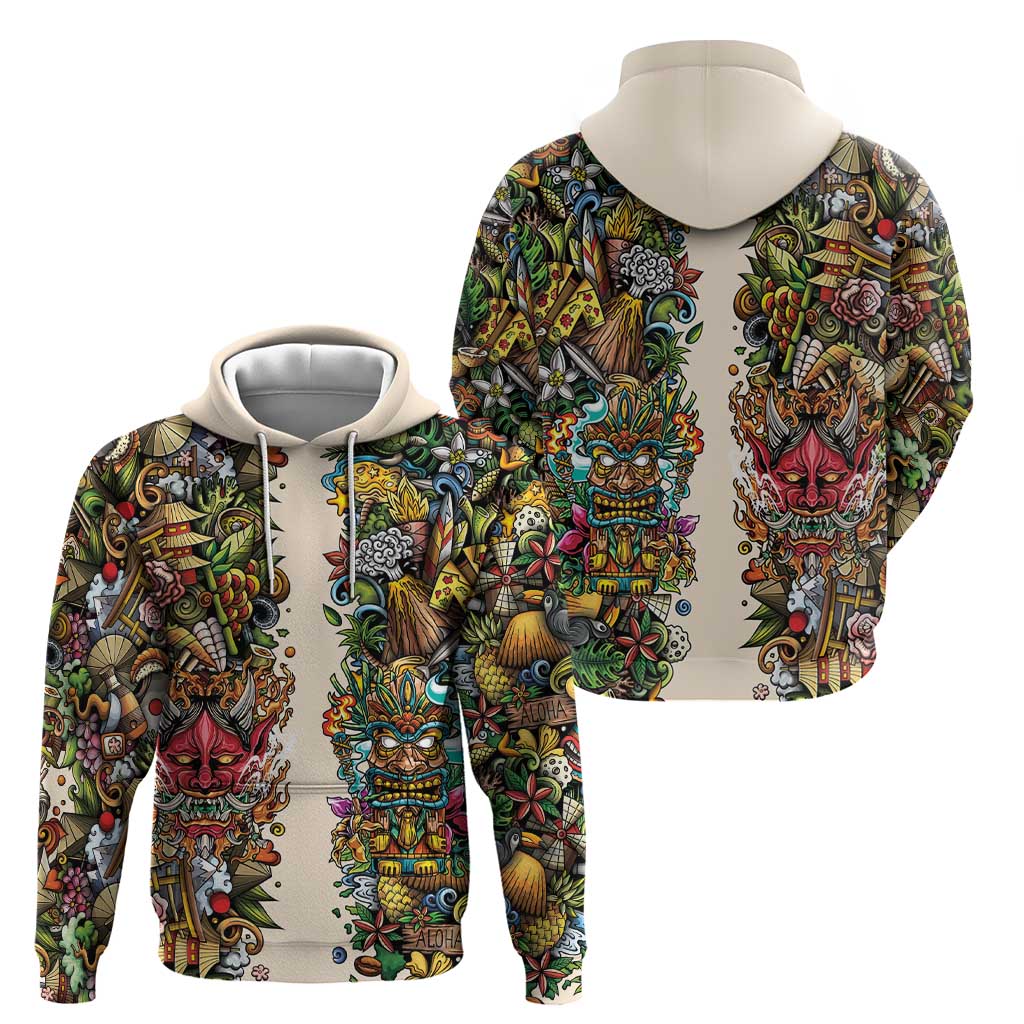 Hawaii And Japan Zip Hoodie Tiki With Oni Mask LT05 - Polynesian Pride
