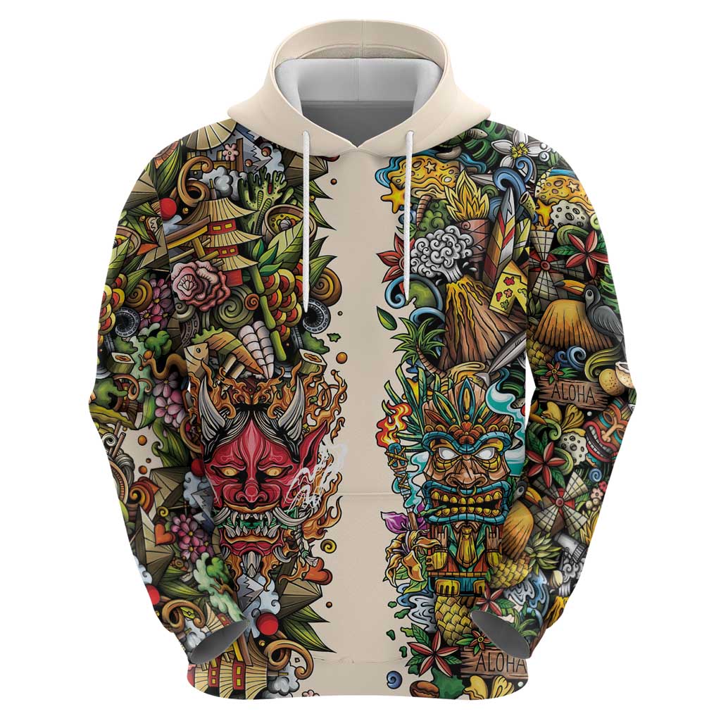 Hawaii And Japan Zip Hoodie Tiki With Oni Mask LT05 - Polynesian Pride
