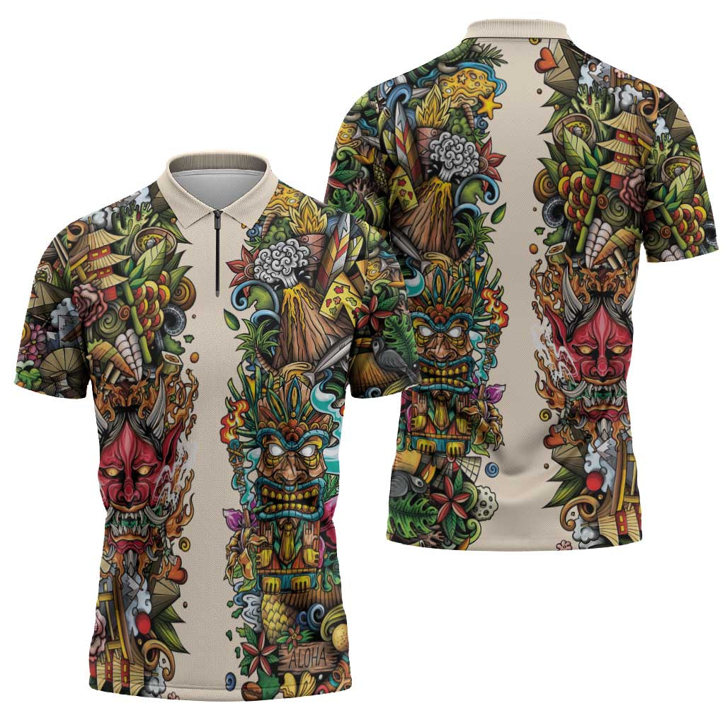 Hawaii And Japan Zipper Polo Shirt Tiki With Oni Mask - Polynesian Pride