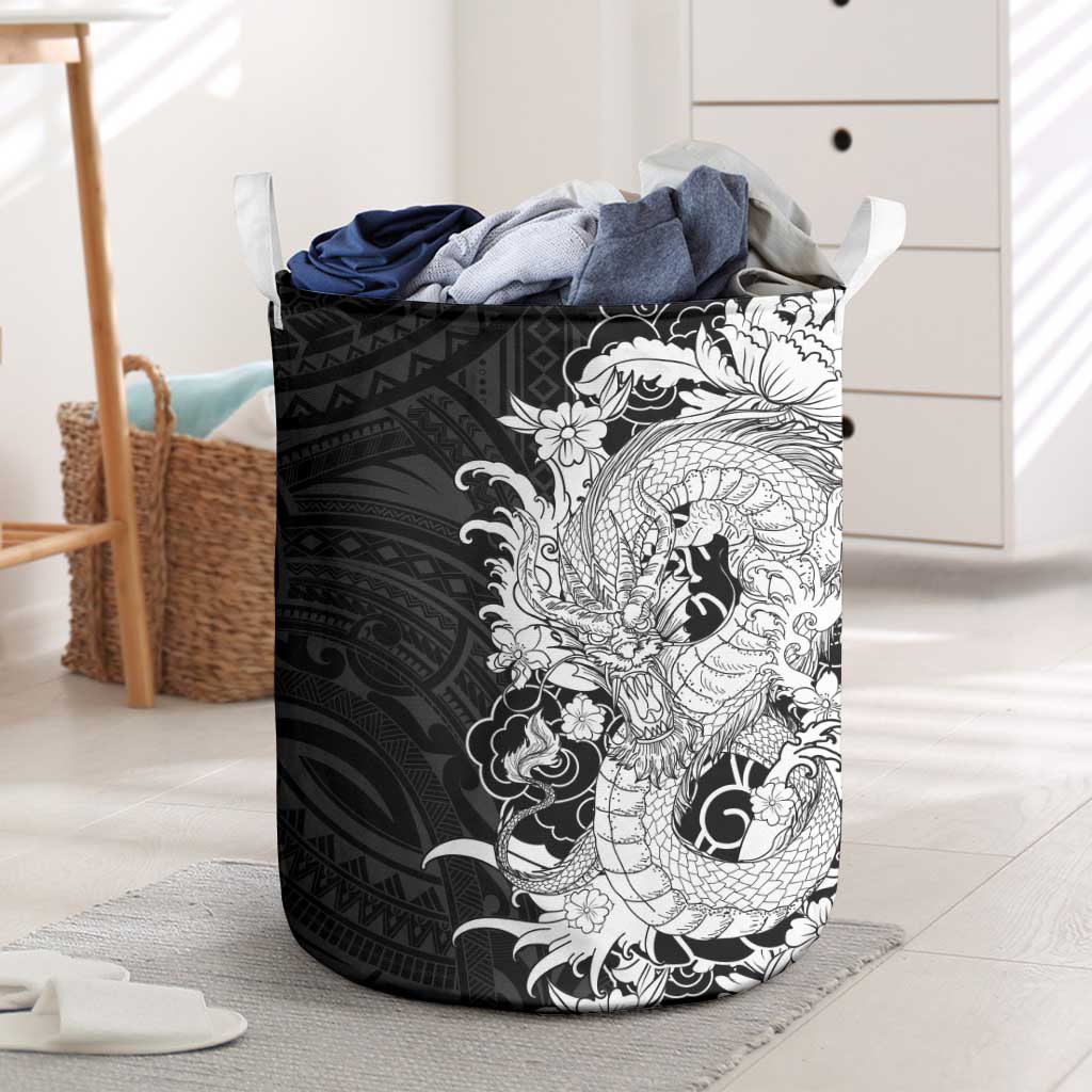 Hawaiian And Japanese Culture Laundry Basket Irezumi Dragon With Polynesian Pattern Black LT05 Black - Polynesian Pride