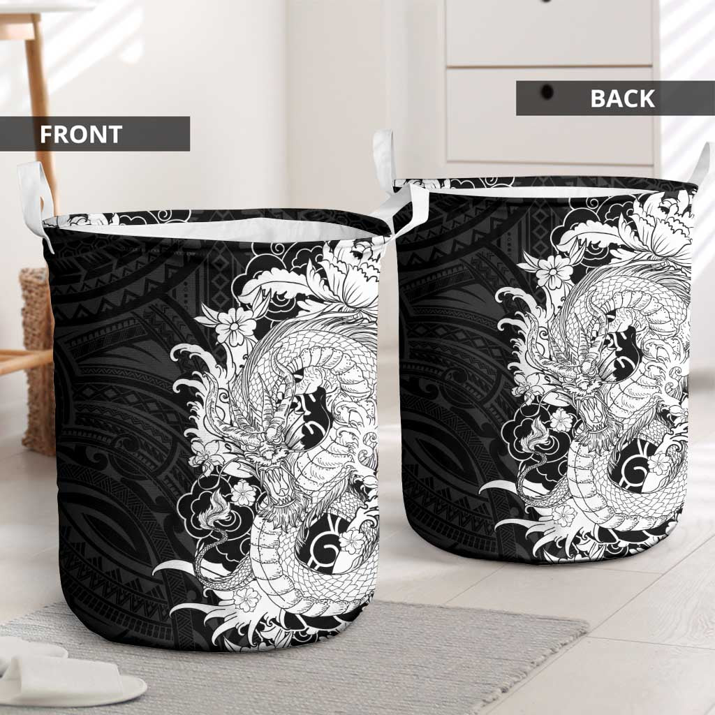 Hawaiian And Japanese Culture Laundry Basket Irezumi Dragon With Polynesian Pattern Black LT05 - Polynesian Pride