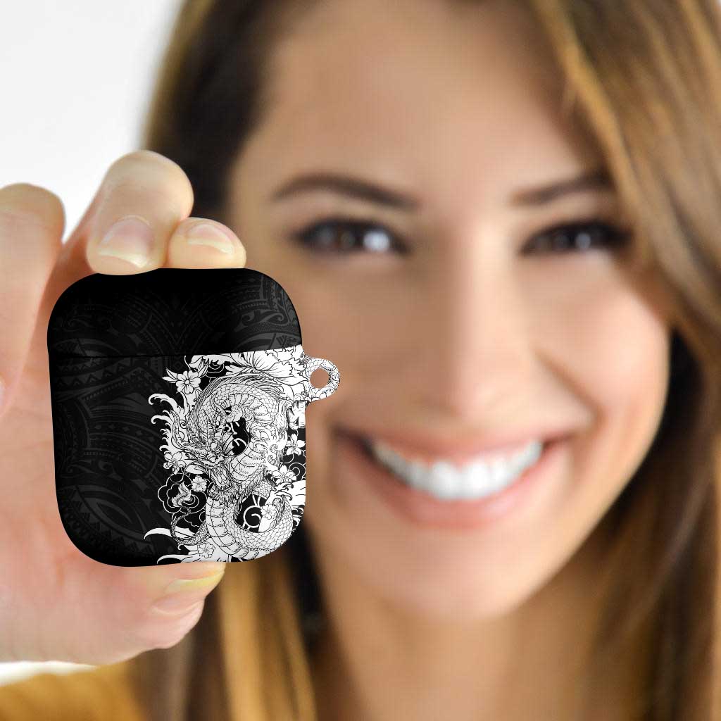 Hawaiian And Japanese Culture AirPods Case Irezumi Dragon With Polynesian Pattern Black LT05 - Polynesian Pride