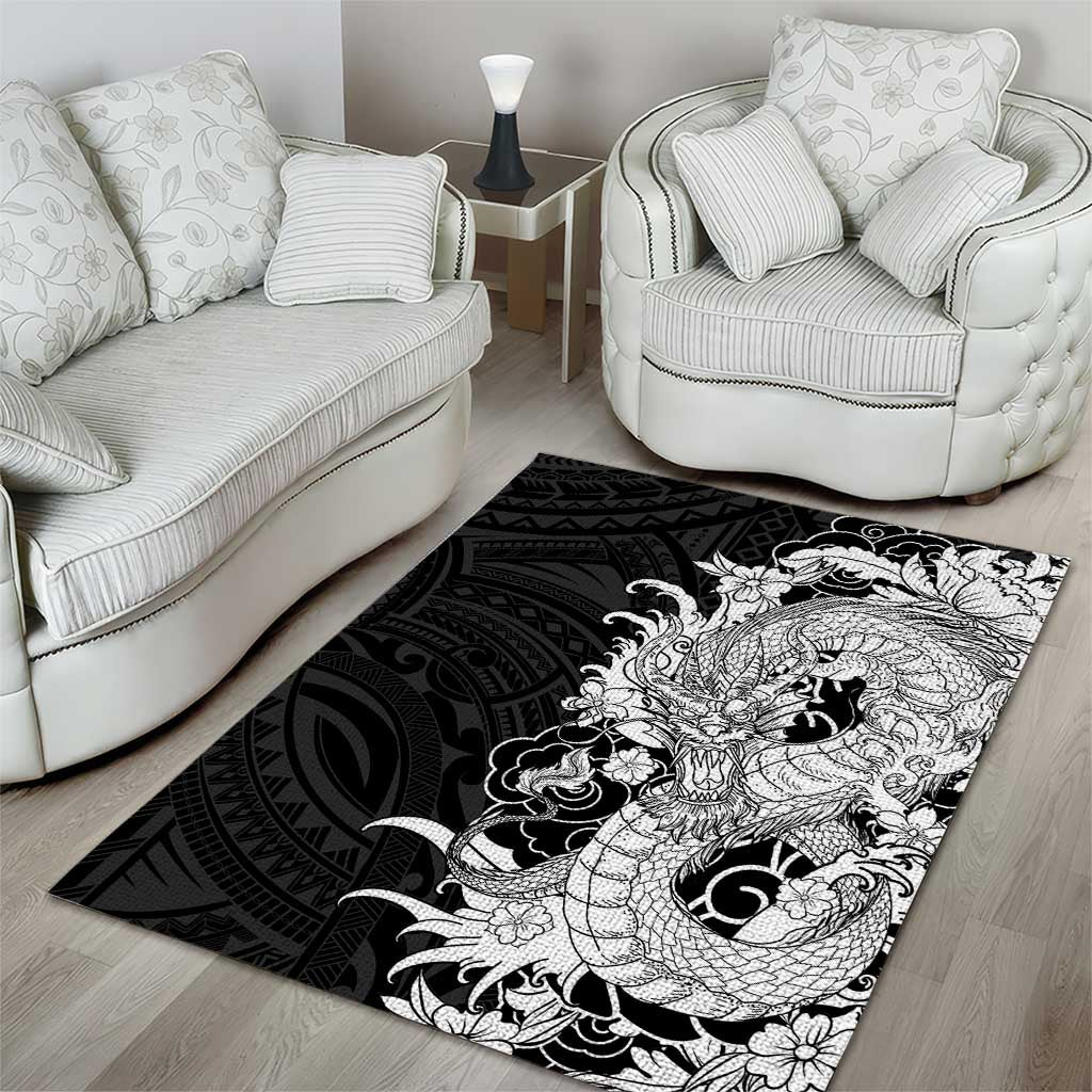 Hawaiian And Japanese Culture Area Rug Irezumi Dragon With Polynesian Pattern Black - Polynesian Pride