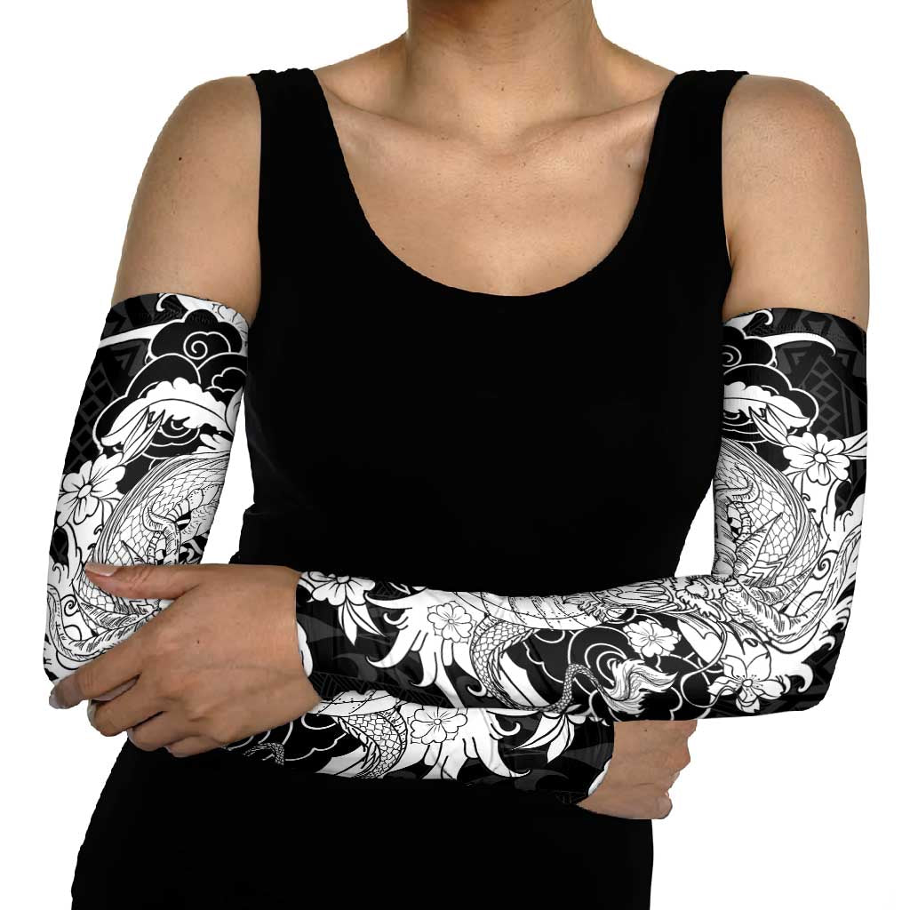 Hawaiian And Japanese Culture Arm Sleeves Irezumi Dragon With Polynesian Pattern Black LT05 - Polynesian Pride