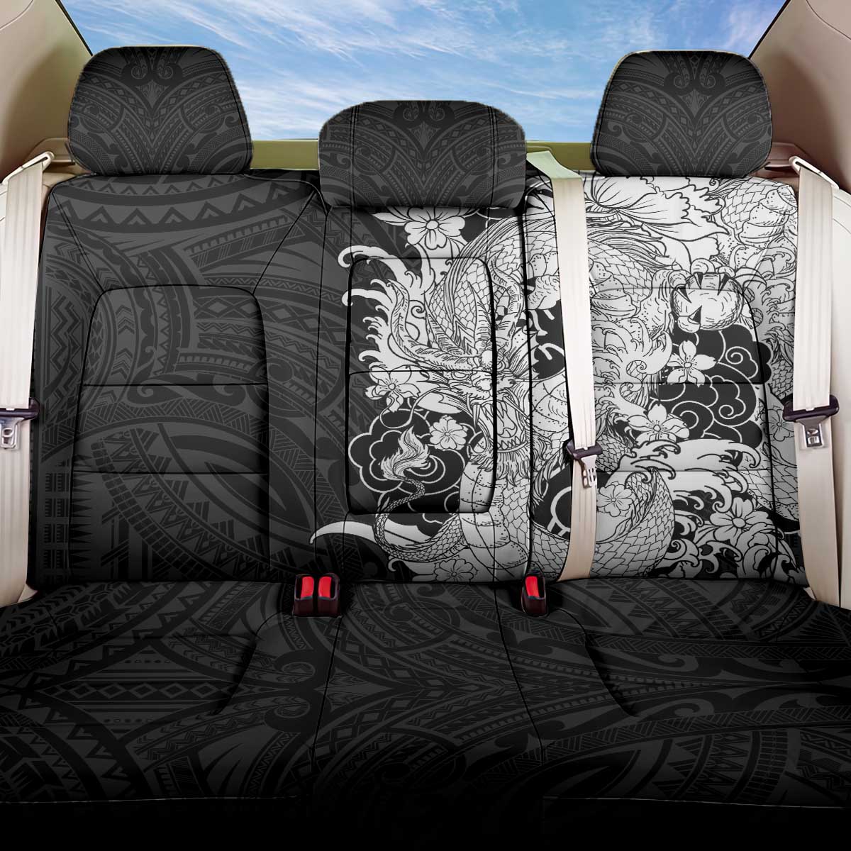 Hawaiian And Japanese Culture Back Car Seat Cover Irezumi Dragon With Polynesian Pattern Black LT05 One Size Black - Polynesian Pride