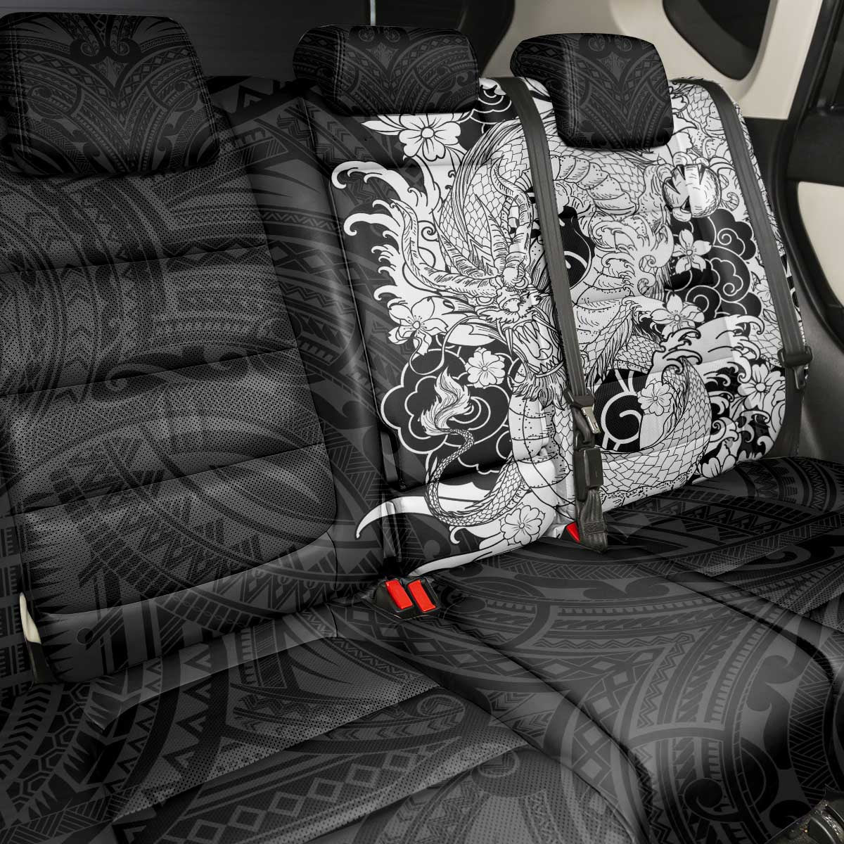 Hawaiian And Japanese Culture Back Car Seat Cover Irezumi Dragon With Polynesian Pattern Black LT05 - Polynesian Pride