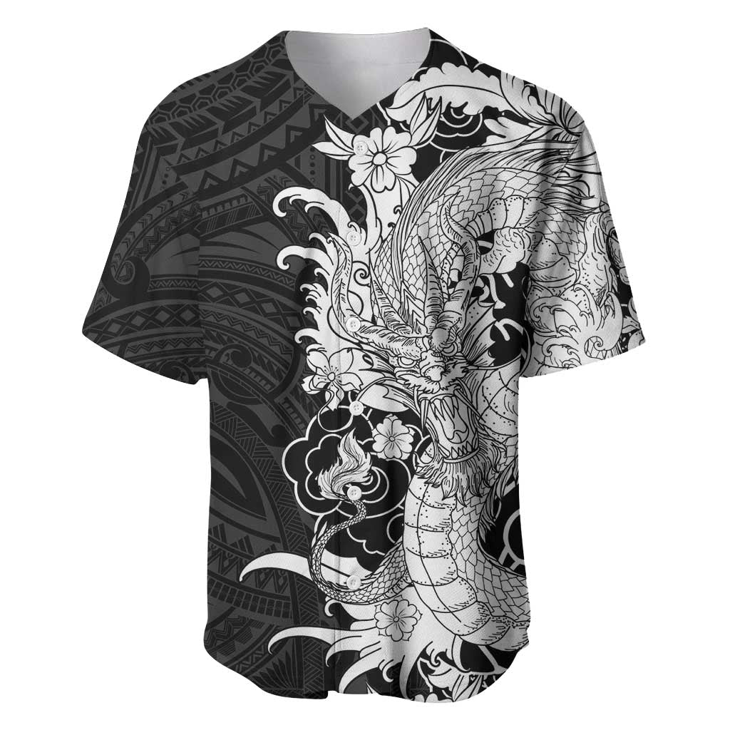 Hawaiian And Japanese Culture Baseball Jersey Irezumi Dragon With Polynesian Pattern Black LT05 Black - Polynesian Pride