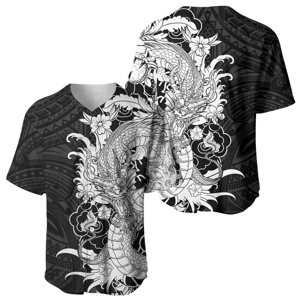 Hawaiian And Japanese Culture Baseball Jersey Irezumi Dragon With Polynesian Pattern Black LT05 - Polynesian Pride