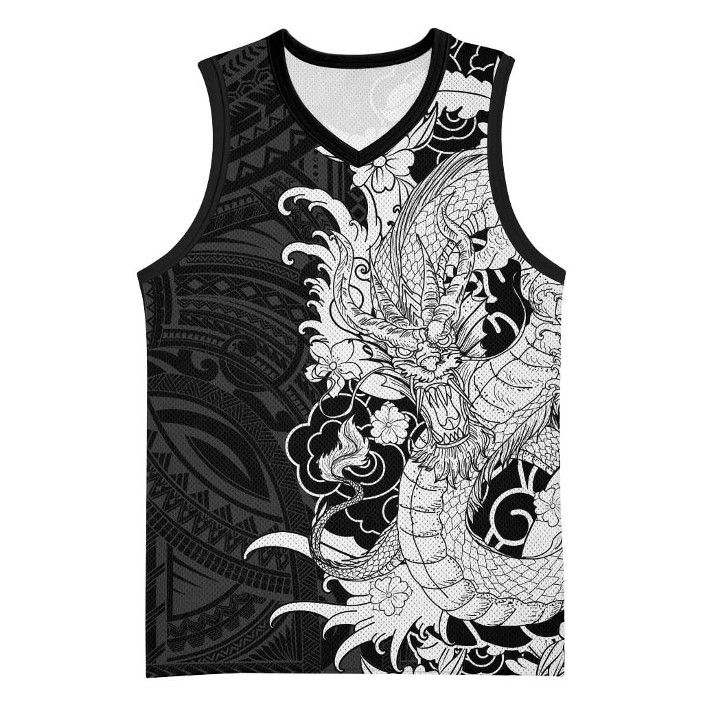 Hawaiian And Japanese Culture Basketball Jersey Irezumi Dragon With Polynesian Pattern Black LT05 Unisex Black - Polynesian Pride