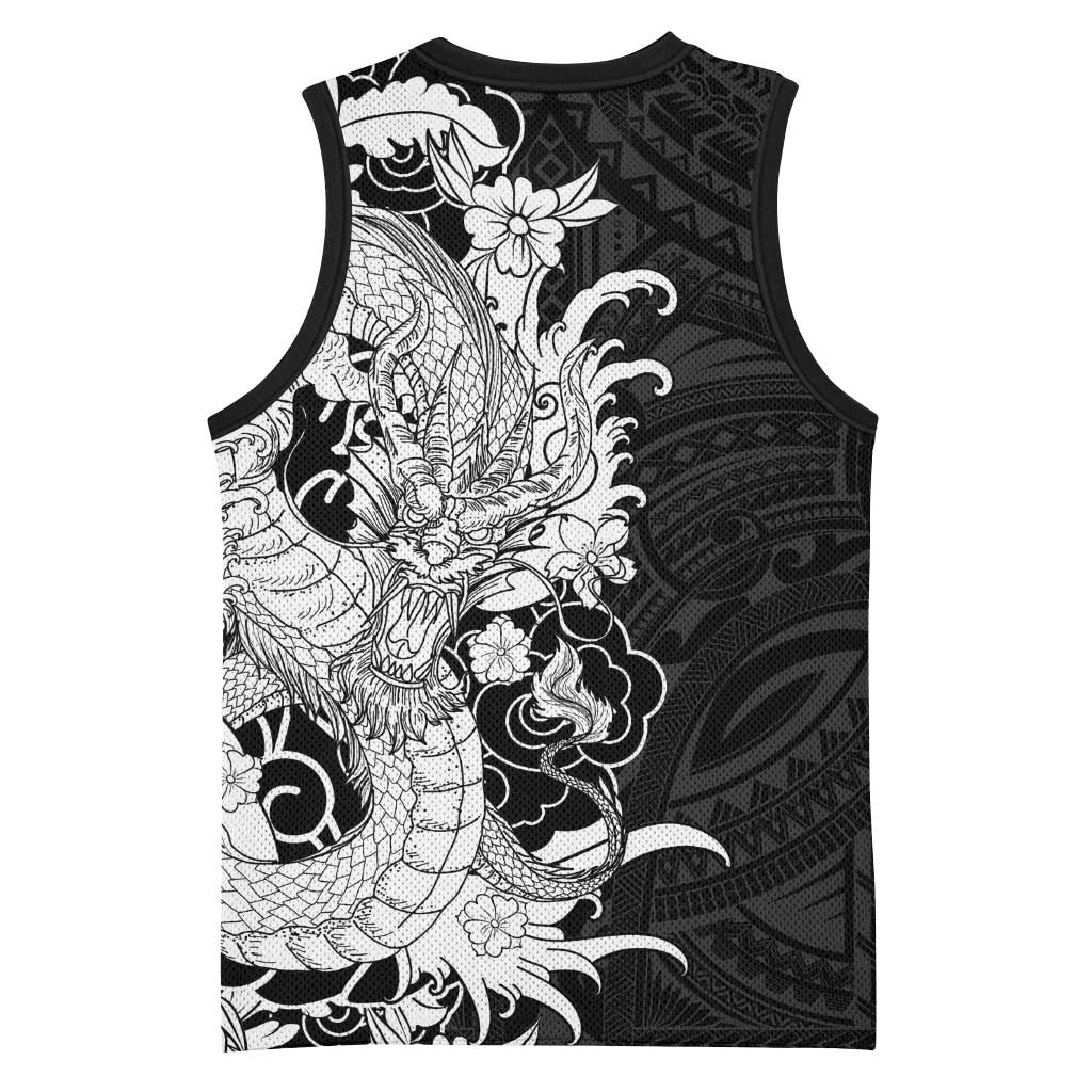 Hawaiian And Japanese Culture Basketball Jersey Irezumi Dragon With Polynesian Pattern Black LT05 - Polynesian Pride